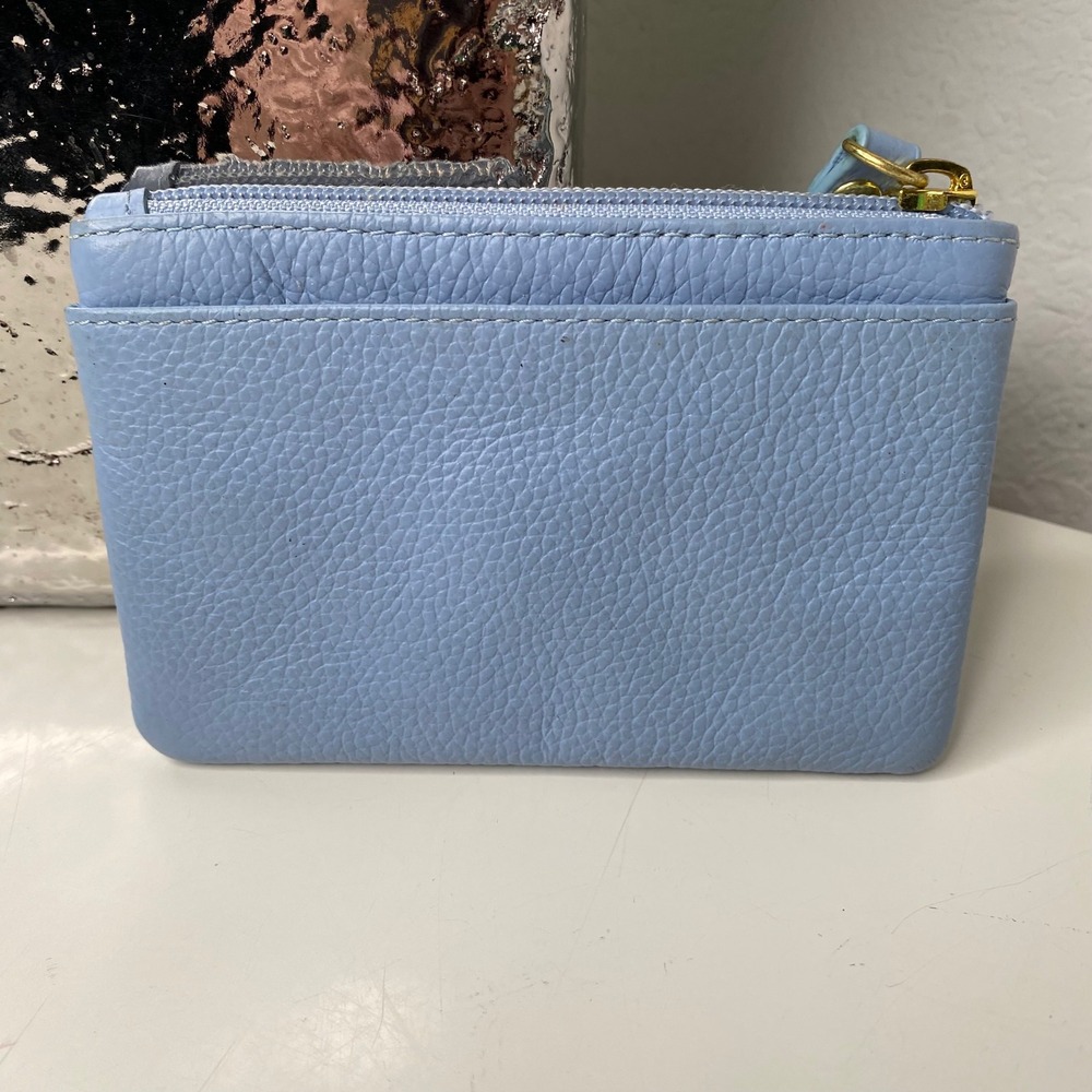 Lodis Blue Pebbled Leather Zip Card Case Coin Purse Wallet Gold Tone Hardware - Picture 2 of 7